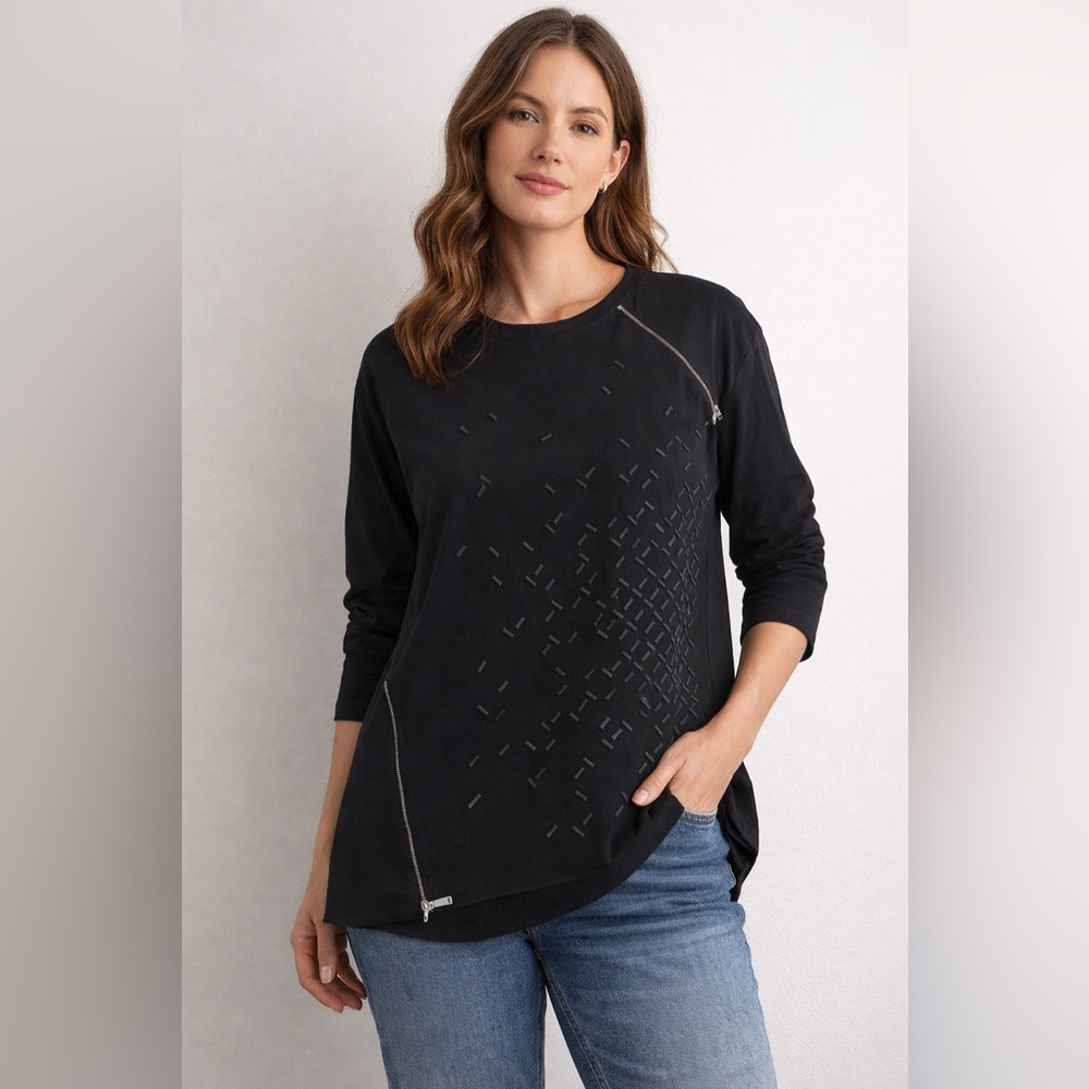 Elie Tahari Black Textured Top Zipper Detail 3/4 Sleeve Size S